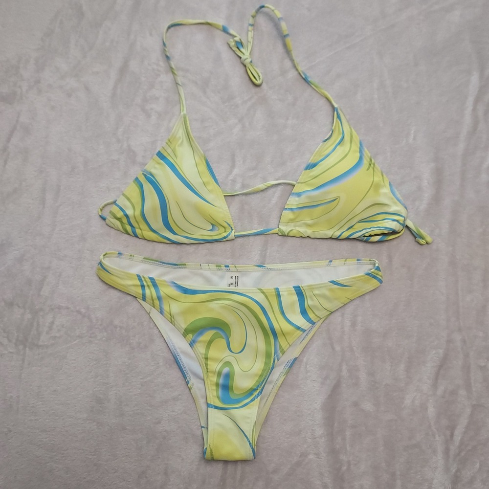 Psychedelic Swirl Bikini Set Lime Green Blue Y2K Festival Large